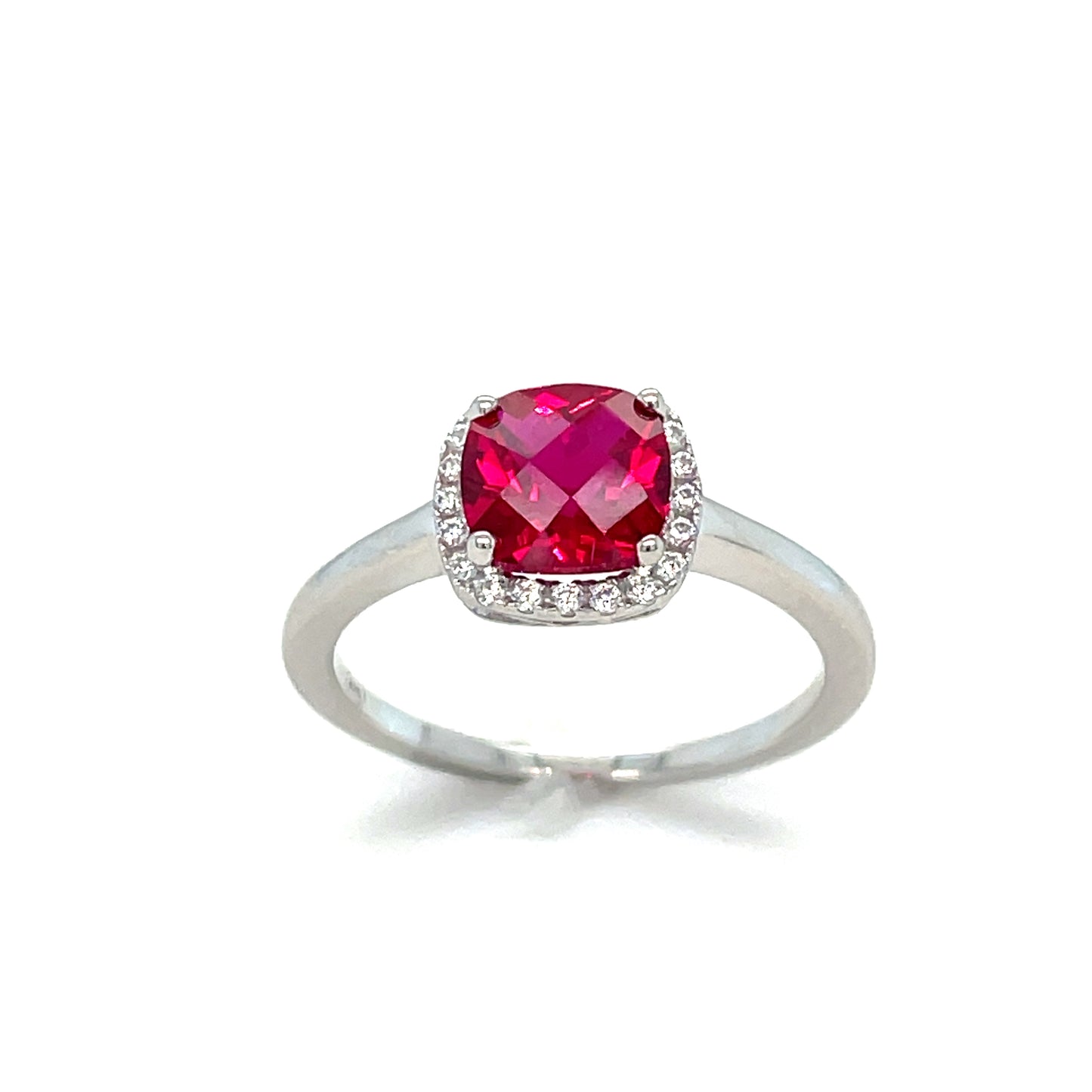 Sterling Silver Cushion Cut Red CZ Ring with WHite CZ Halo