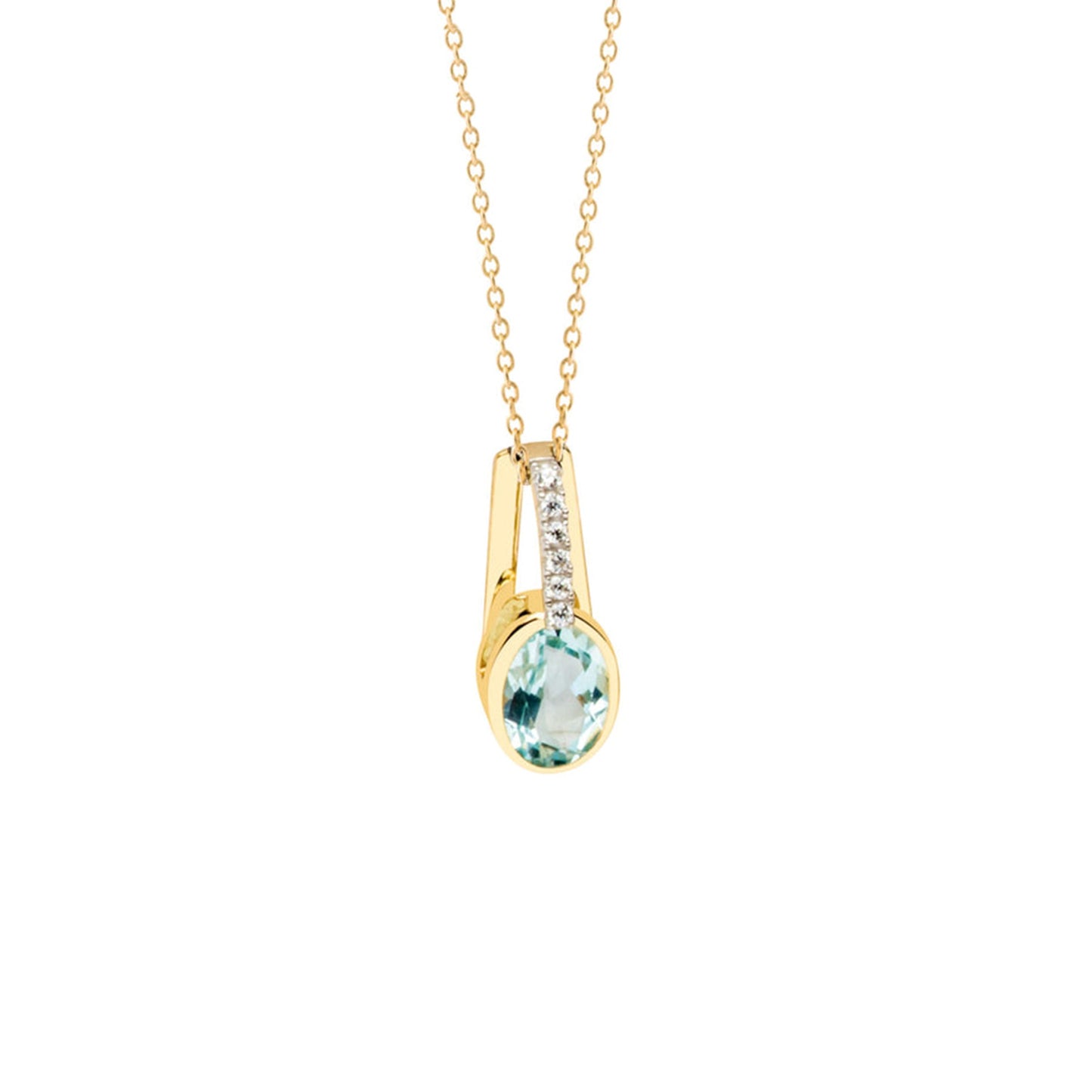 9ct Yellow Gold Rubover Set Oval Blue CZ with CZ Baile Necklet
