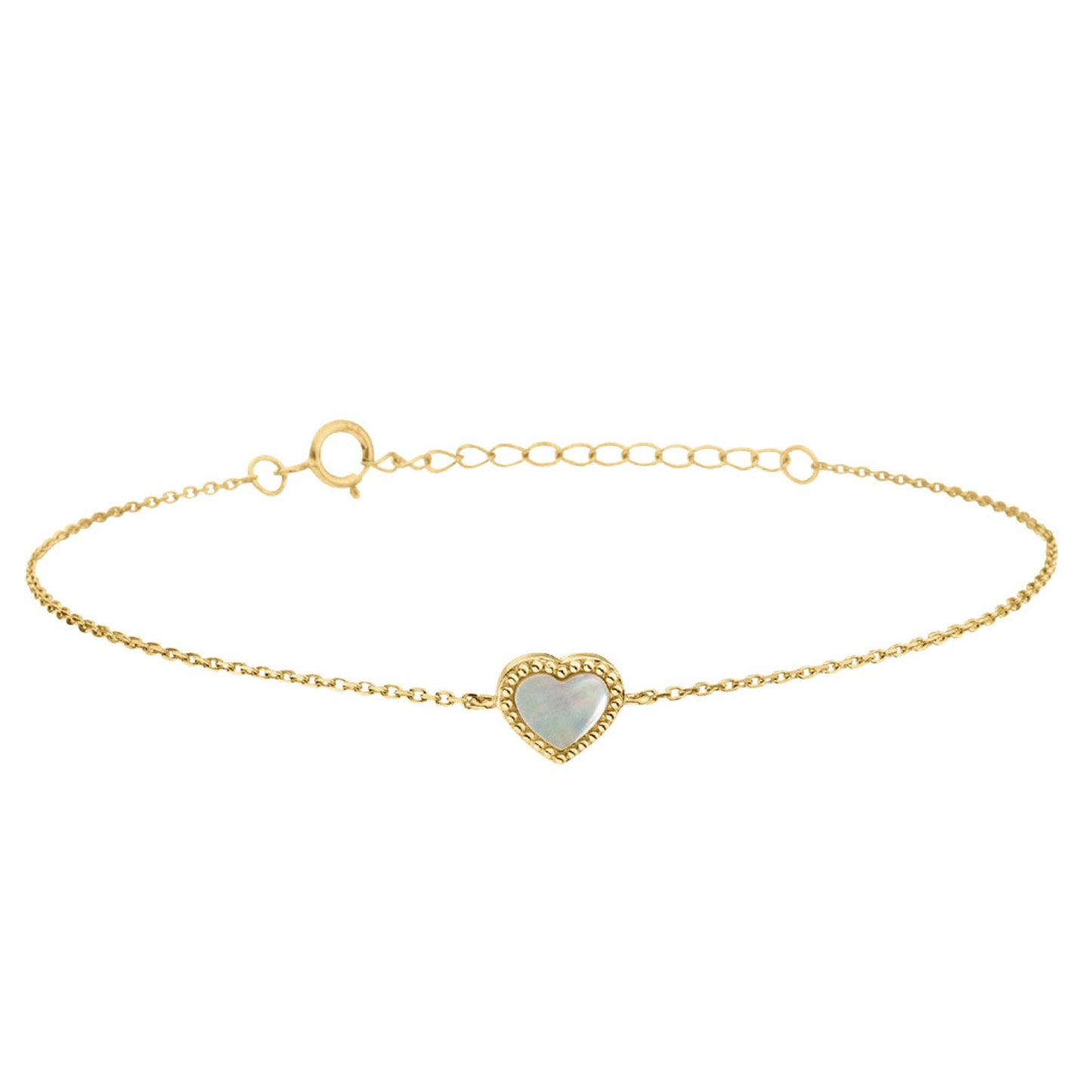 9ct Yellow Gold Mother of Pearl Heart Bracelet with Milgrain Edge