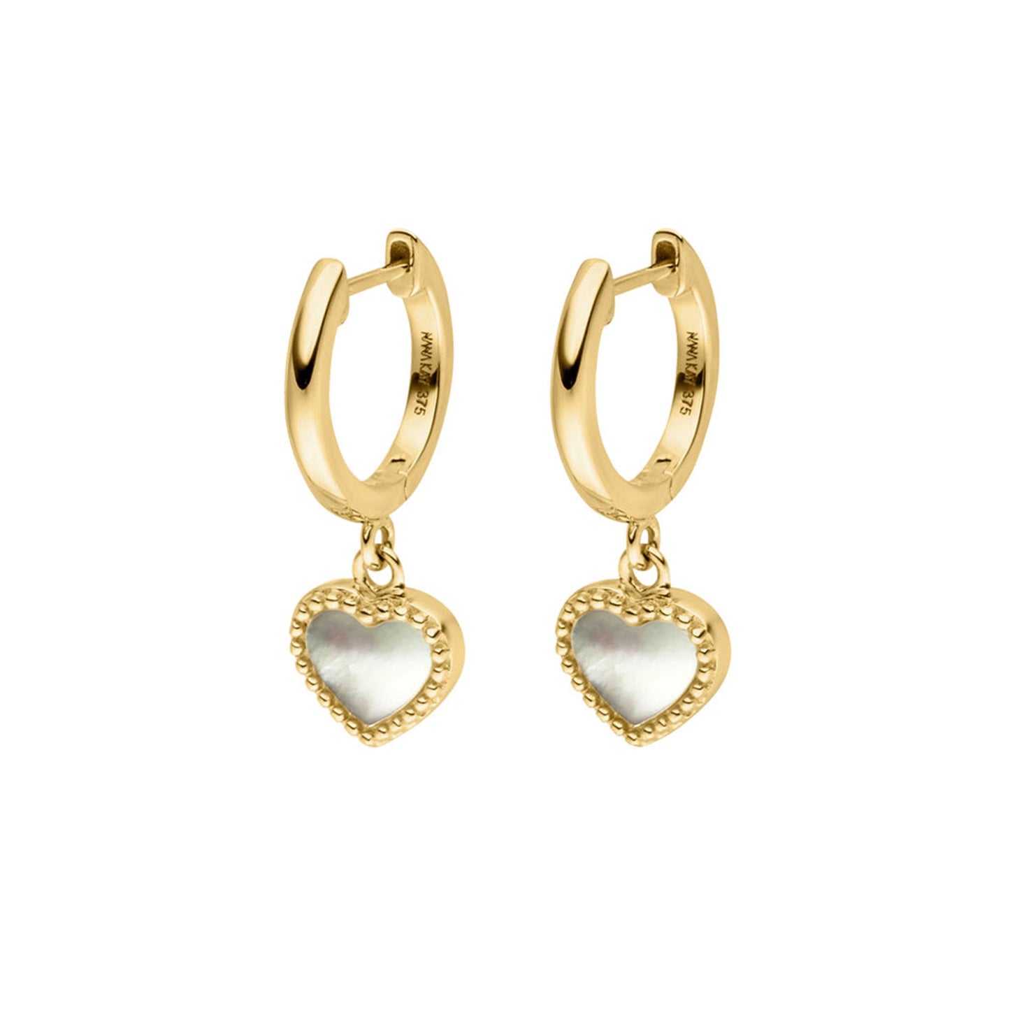 9ct Yellow Gold Mother Of Pearl Heart Earrings with Milgrain Edge