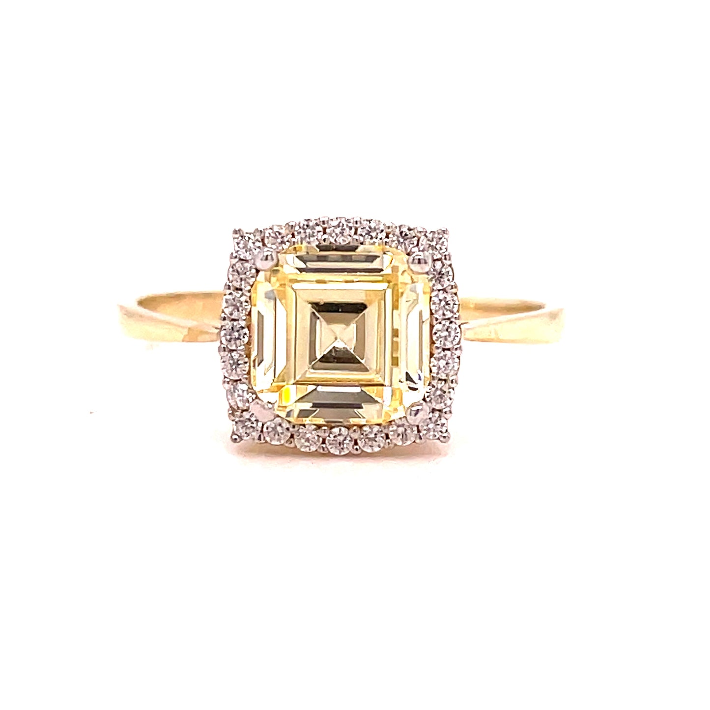 9ct Yellow Gold Yellow Centre Stone With White Cubic Zirconia Halo Set Ring