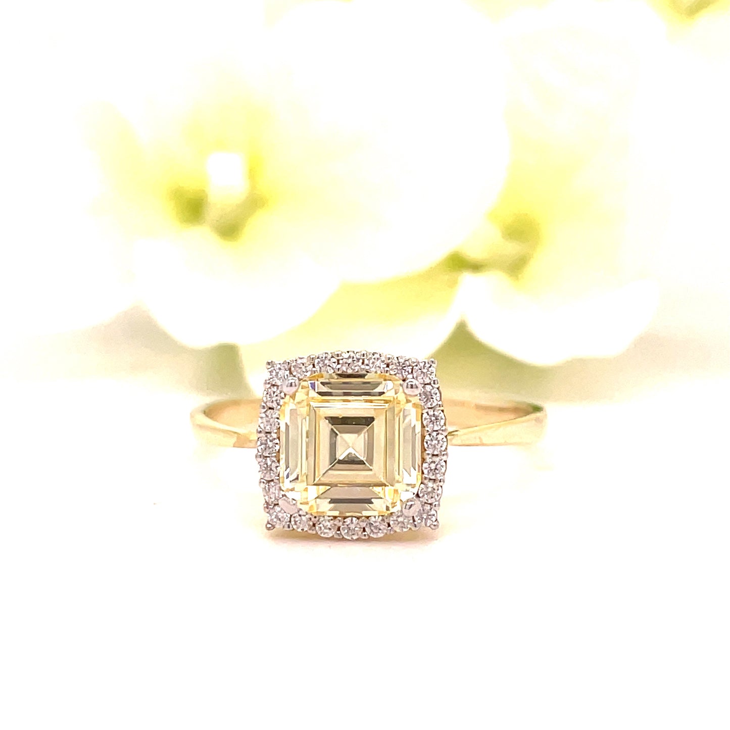 9ct Yellow Gold Yellow Centre Stone With White Cubic Zirconia Halo Set Ring