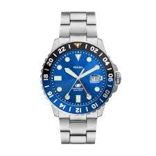 Gents Stainless Steel Fossil Watch With Blue Dial and Blue and Black Bezel