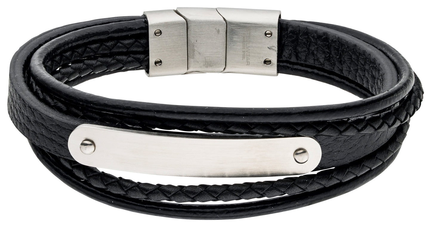 Gents Steelwear Black Plaited Leather Bracelet with ID Plate