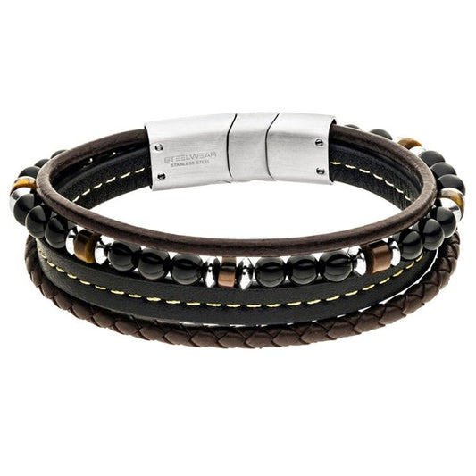 Gents Steelwear Stainless Steel Brown Leather and Bead Bracelet