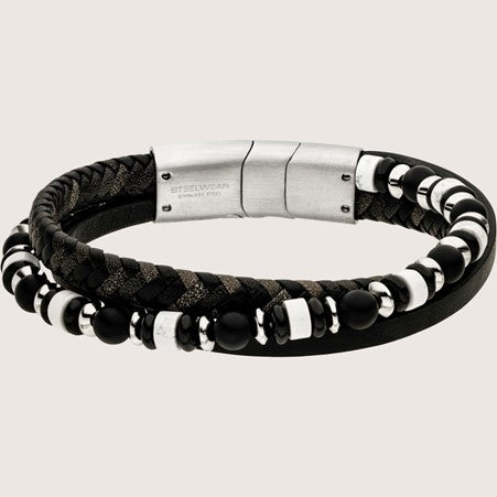 Gents Steelwear Stainless Steel Black Leather and Black and White Bead Bracelet