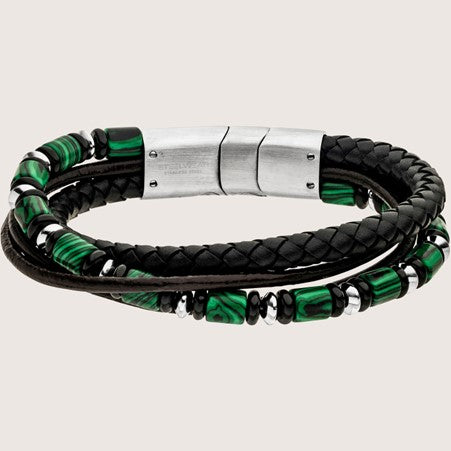 Gents Steelwear Stainless Steel Black Leather and Black and Green Bead Bracelet