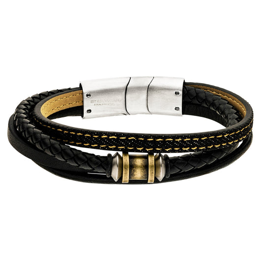 Gents Steelwear Stainless Steel Black Leather and Gold Plated Bead Bracelet