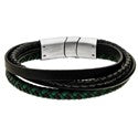 Gents Steelwear Stainless Steel Black and Green Leather Plaited Bracelet