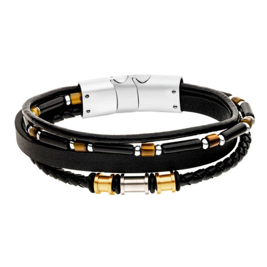 Gents Steelwear Stainless Steel Black Leather Plaited Bracelet with Beads