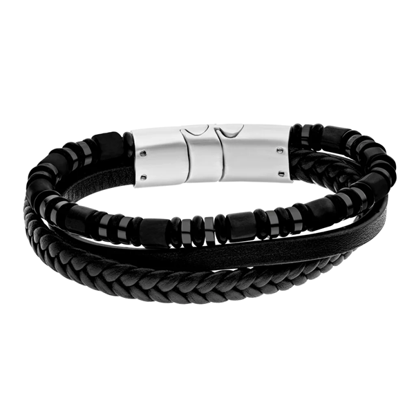 Gents Steelwear Stainless Steel Black Leather Plaited Bracelet with Beads