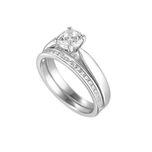 Sterling SIlver Soliatire and Channel Cubic Zirconia Ring Set