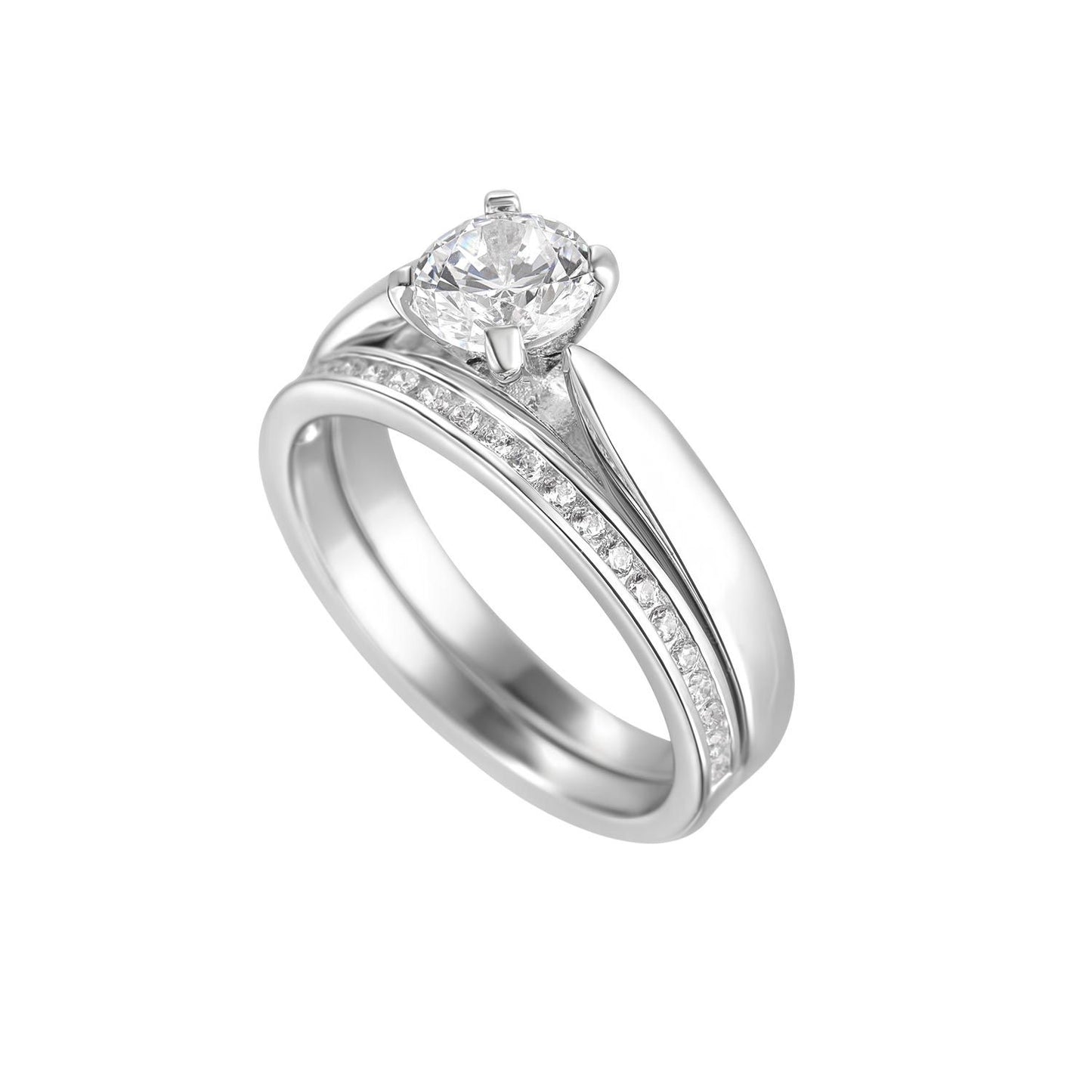 Sterling SIlver Soliatire and Channel Cubic Zirconia Ring Set