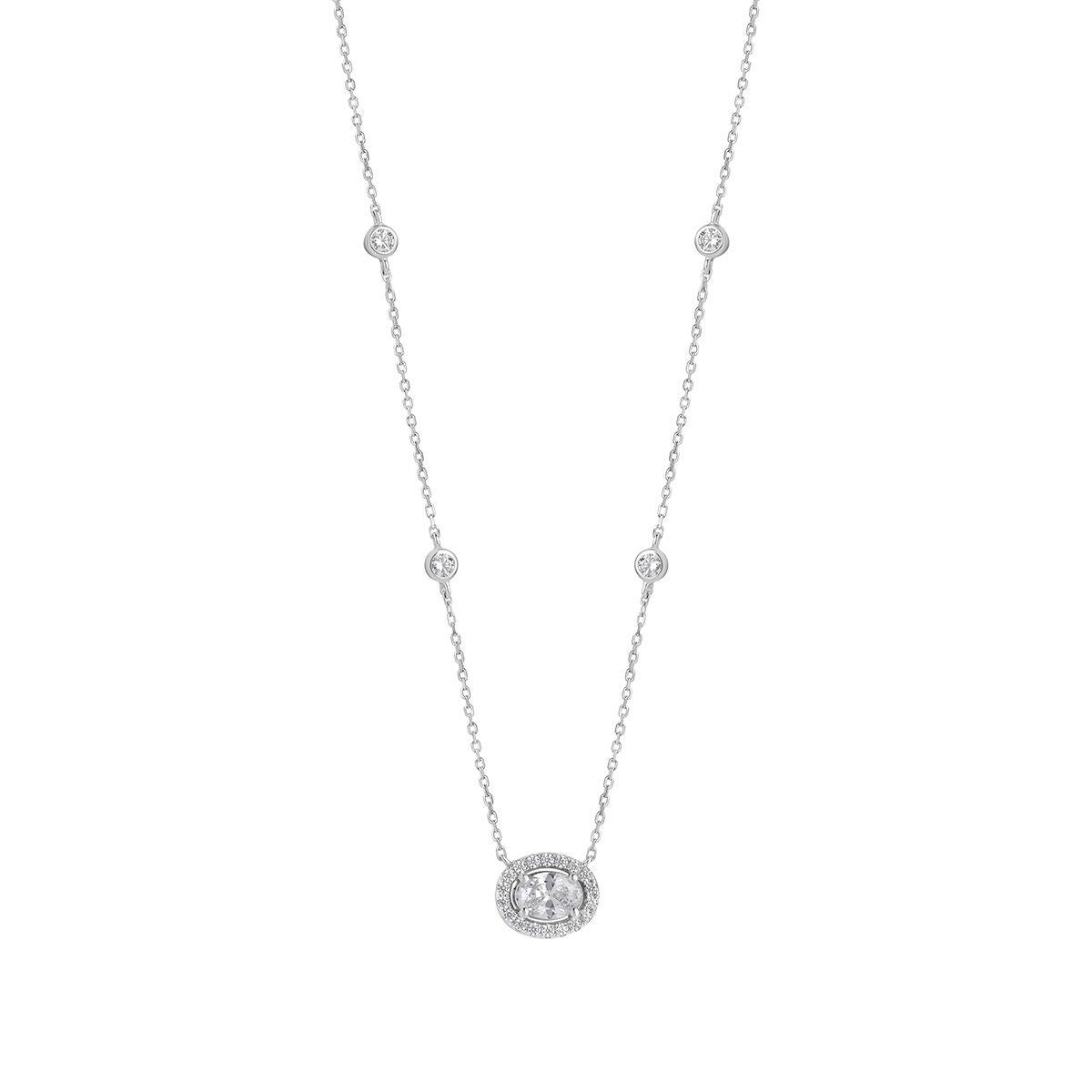 Sterling Silver Cubic Zirconia Oval Halo Necklet