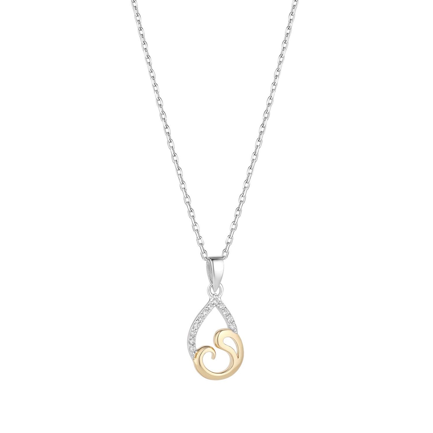 Sterling Silver & Gold Plated Cubic Zirconia Open Pear Swirl Pendant