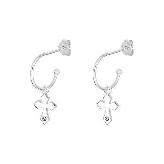 Sterling Silver Hoop Earring with CZ Set Cross Drop