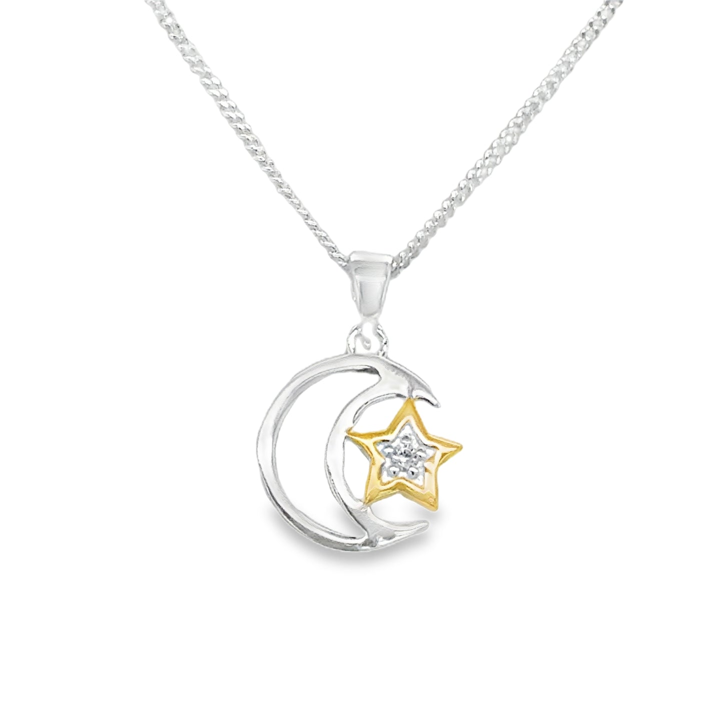Sterling Silver Moon and Gold Plated CZ Set Star Pendant