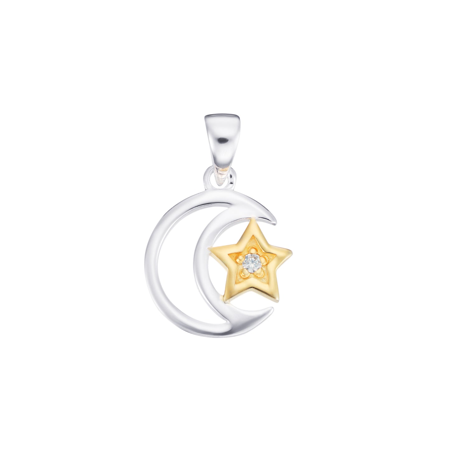 Sterling Silver Moon and Gold Plated CZ Set Star Pendant