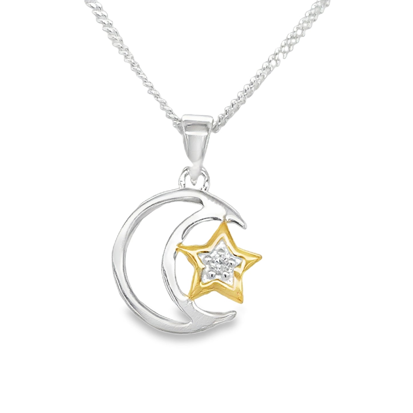 Sterling Silver Moon and Gold Plated CZ Set Star Pendant