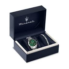 Gents Stainless Steel Maserati Attrazione Green Dial Chronograph Watch & Bracelet Set