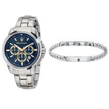 Gents Two Tone Maserati Successo Blue Chronogrpah Watch & Bracelet Set