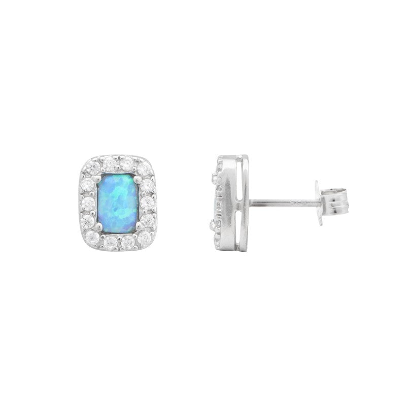 Sterling Silver Cubic Zirconia Rectangle Halo With Blue Opal Centre Earrings