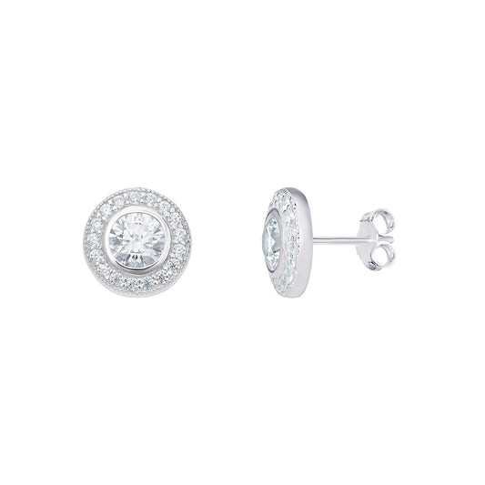 Sterling Silver Round Cubic Zirconia Halo Stud Earrings