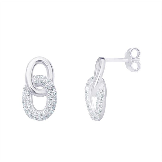 Sterling Silver Cubic Zirconia Pave Set Open Oval Drop Earrings