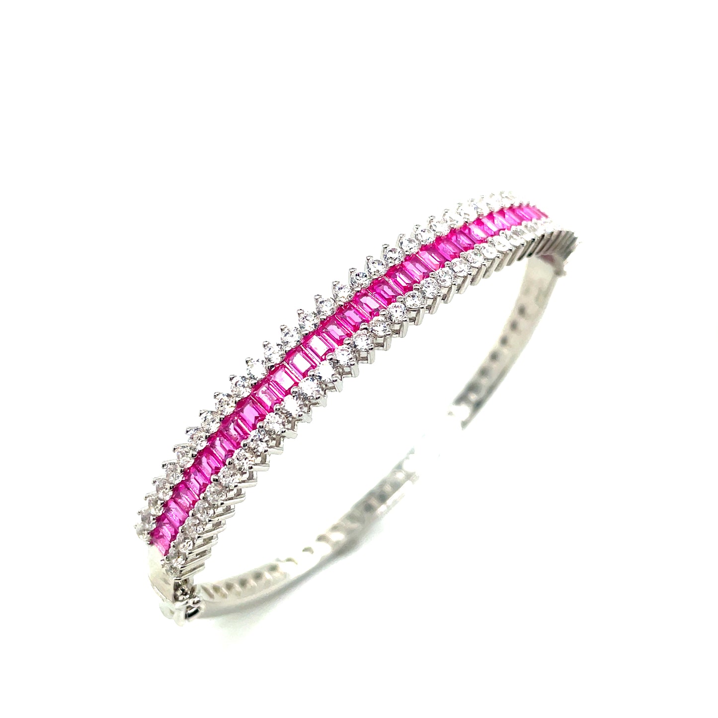 Sterling Silver 3 Row Bangle With Round Cubic Zirconia & Pink Rectangle Stone Centre