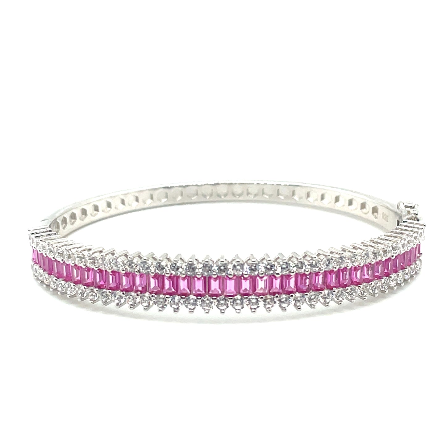 Sterling Silver 3 Row Bangle With Round Cubic Zirconia & Pink Rectangle Stone Centre