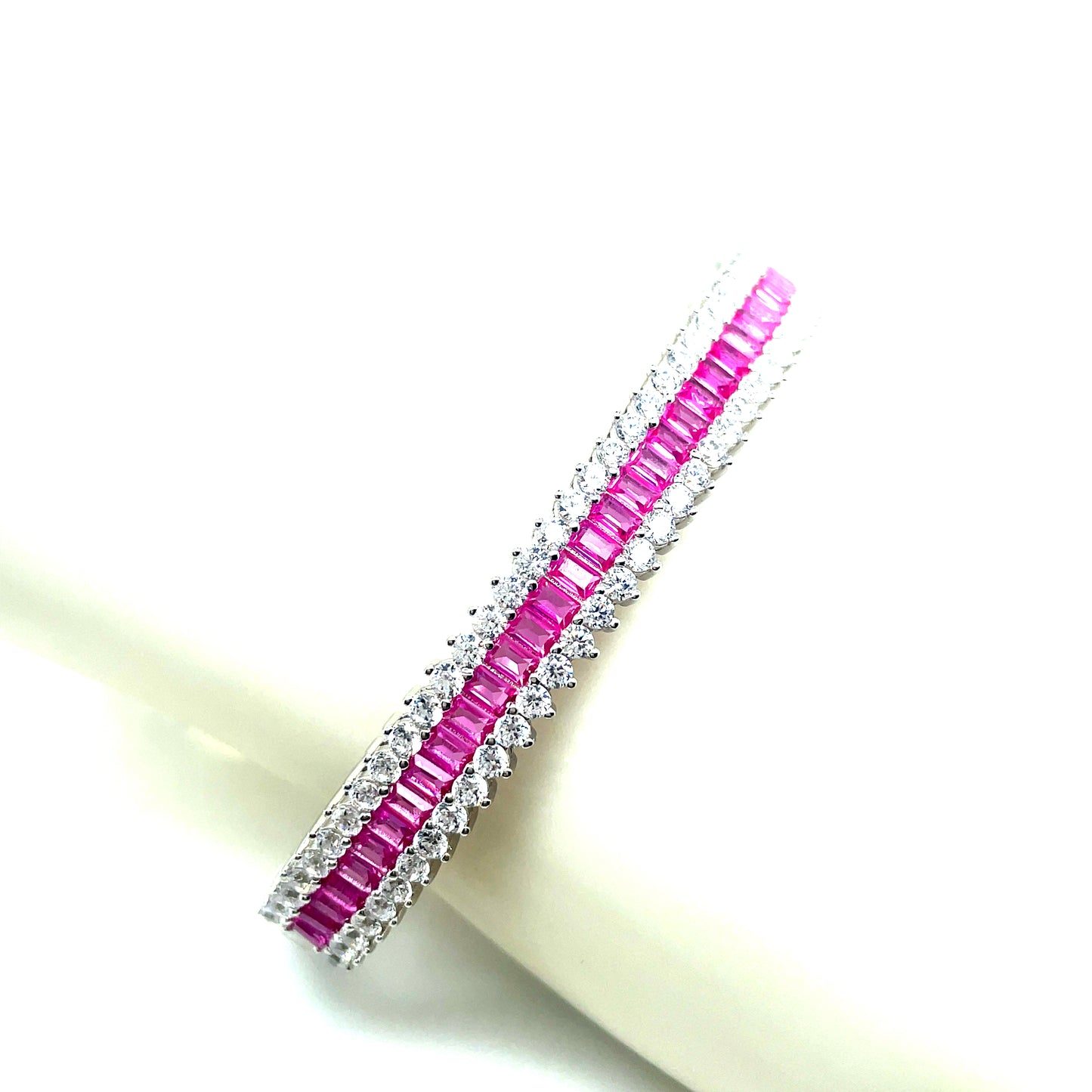 Sterling Silver 3 Row Bangle With Round Cubic Zirconia & Pink Rectangle Stone Centre