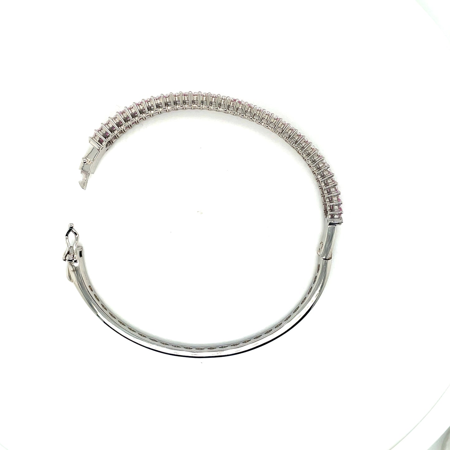 Sterling Silver 3 Row Bangle With Round Cubic Zirconia & Pink Rectangle Stone Centre