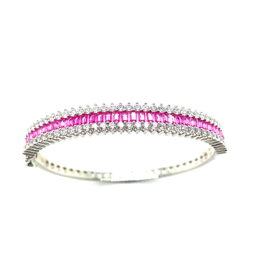 Sterling Silver 3 Row Bangle With Round Cubic Zirconia & Pink Rectangle Stone Centre