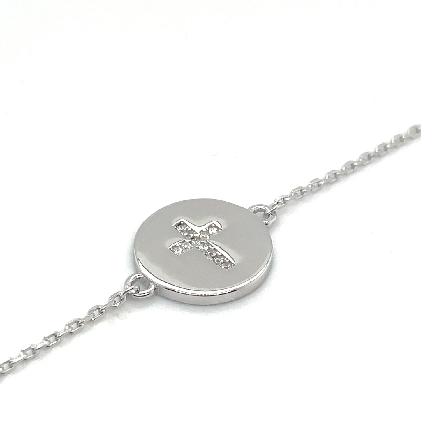 Sterling Silver Disc With Cubic Zirconia Cross Bracelet