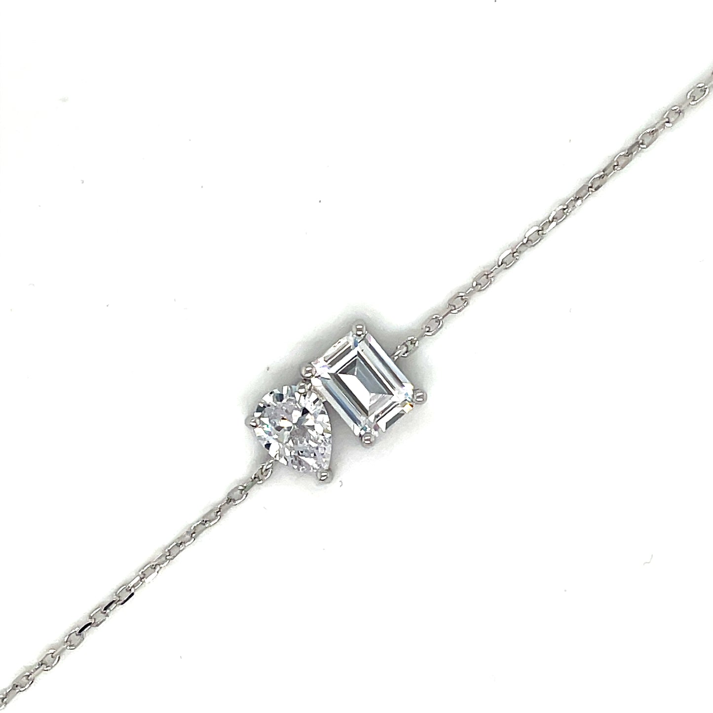 Sterling Silver Cubic Zirconia Moi Et Toi Pear & Rectangle Bracelet