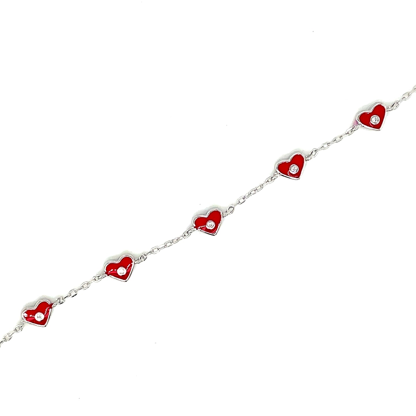 Sterling Silver Red Enamel Heart Link With Cubic Zirconia Centre