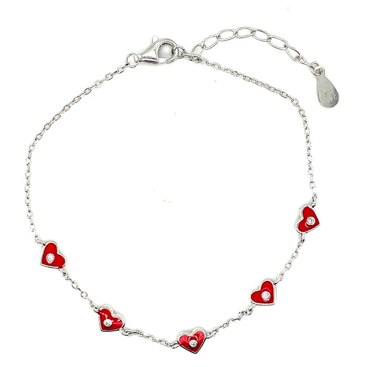 Sterling Silver Red Enamel Heart Link With Cubic Zirconia Centre