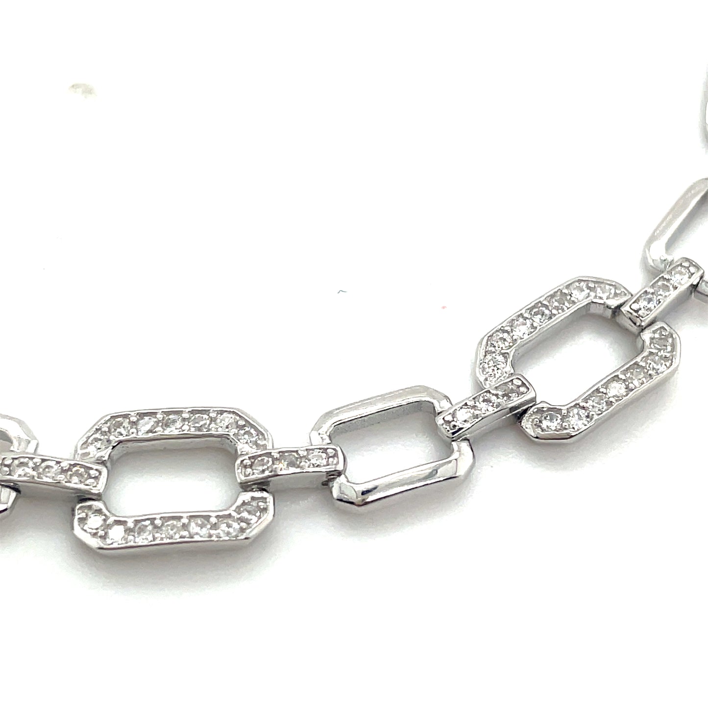 Sterling Silver Open Rectangle Cubic Zirconia & Polished Link Bracelet