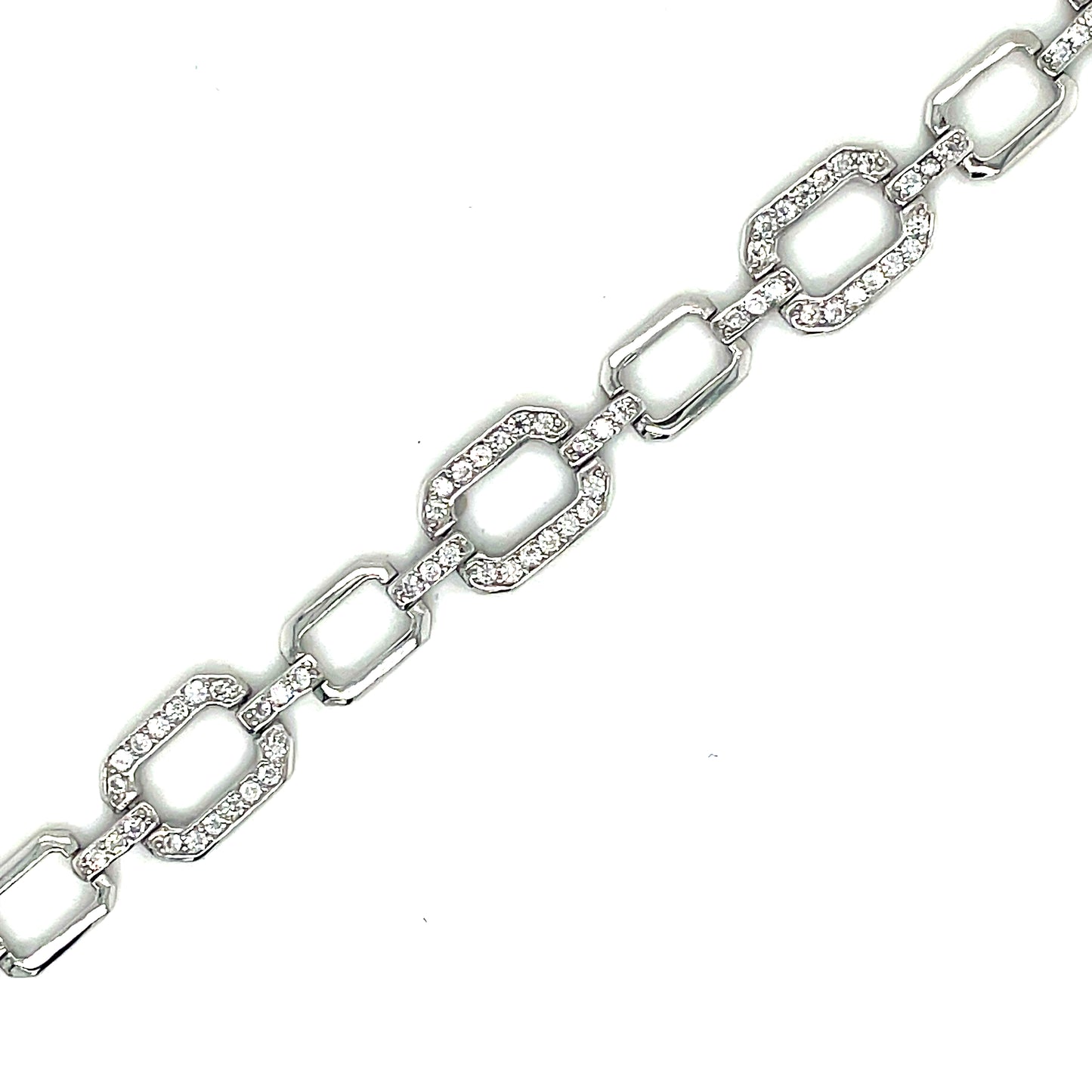 Sterling Silver Open Rectangle Cubic Zirconia & Polished Link Bracelet