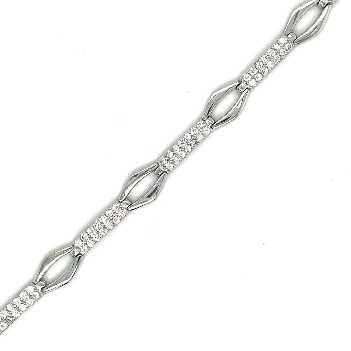 Sterling Silver Long Cubic Zirconia & Oval Link Bracelet