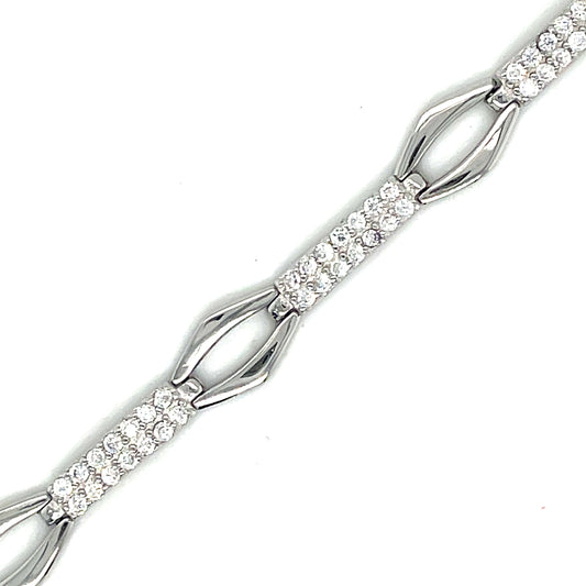 Sterling Silver Long Cubic Zirconia & Oval Link Bracelet