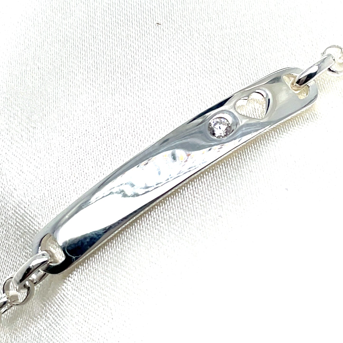 Sterling Silver Anchor Link ID Bracelet With Cubic Zirconia Stone