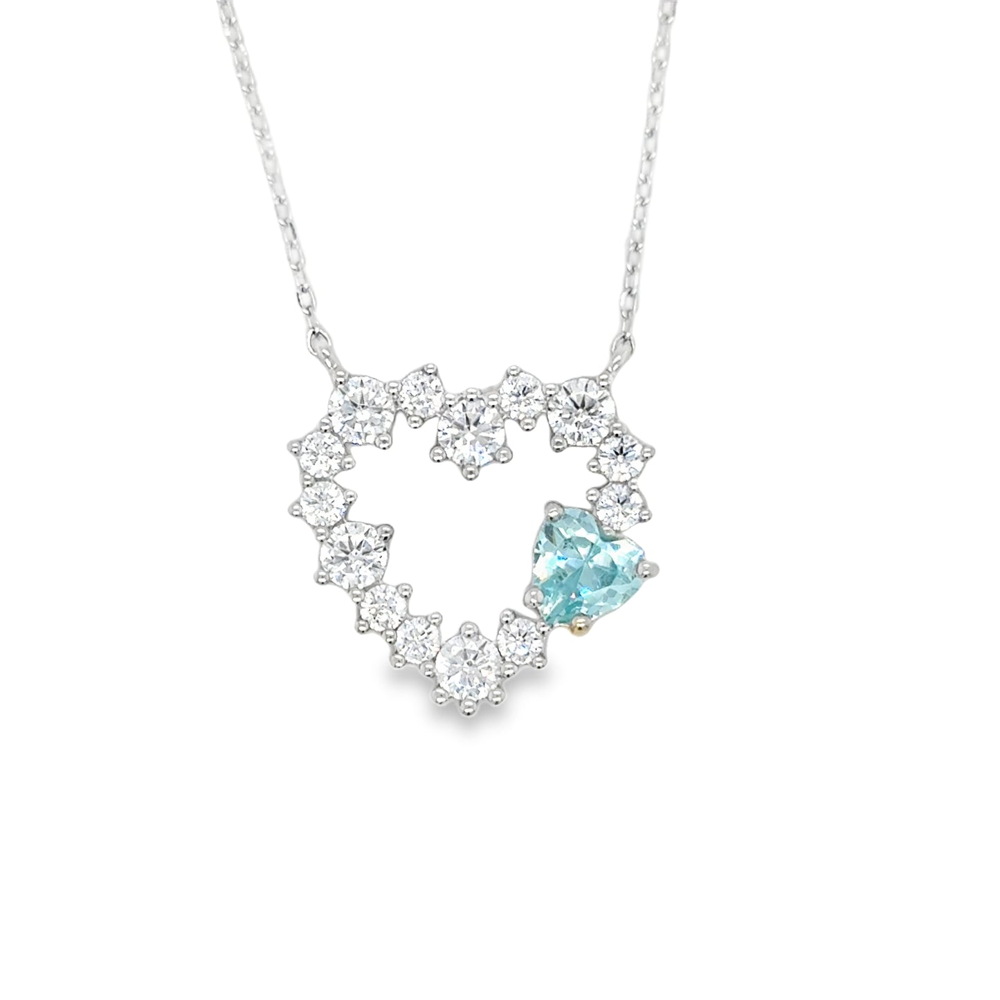 Sterling Silver Cubic Zirconia Open Heart Necklet With Blue Stone Detail