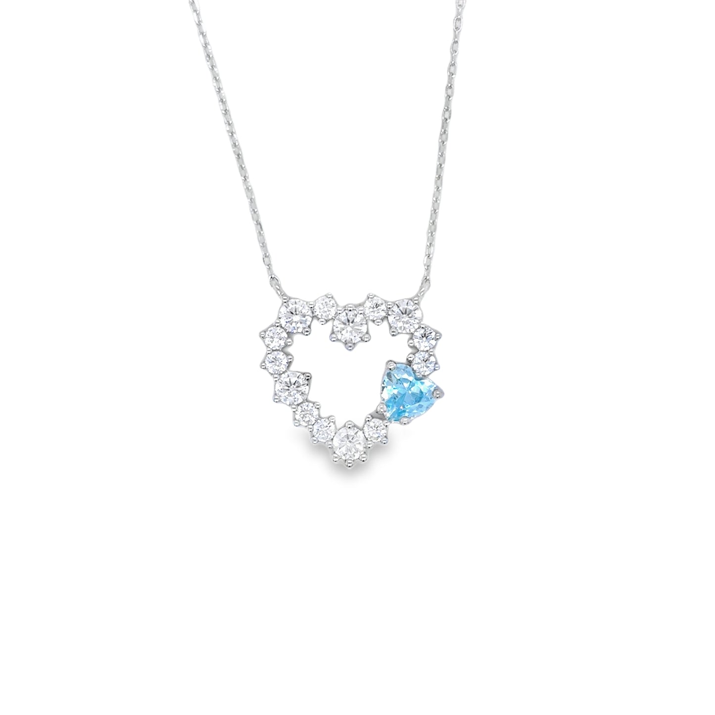 Sterling Silver Cubic Zirconia Open Heart Necklet With Blue Stone Detail