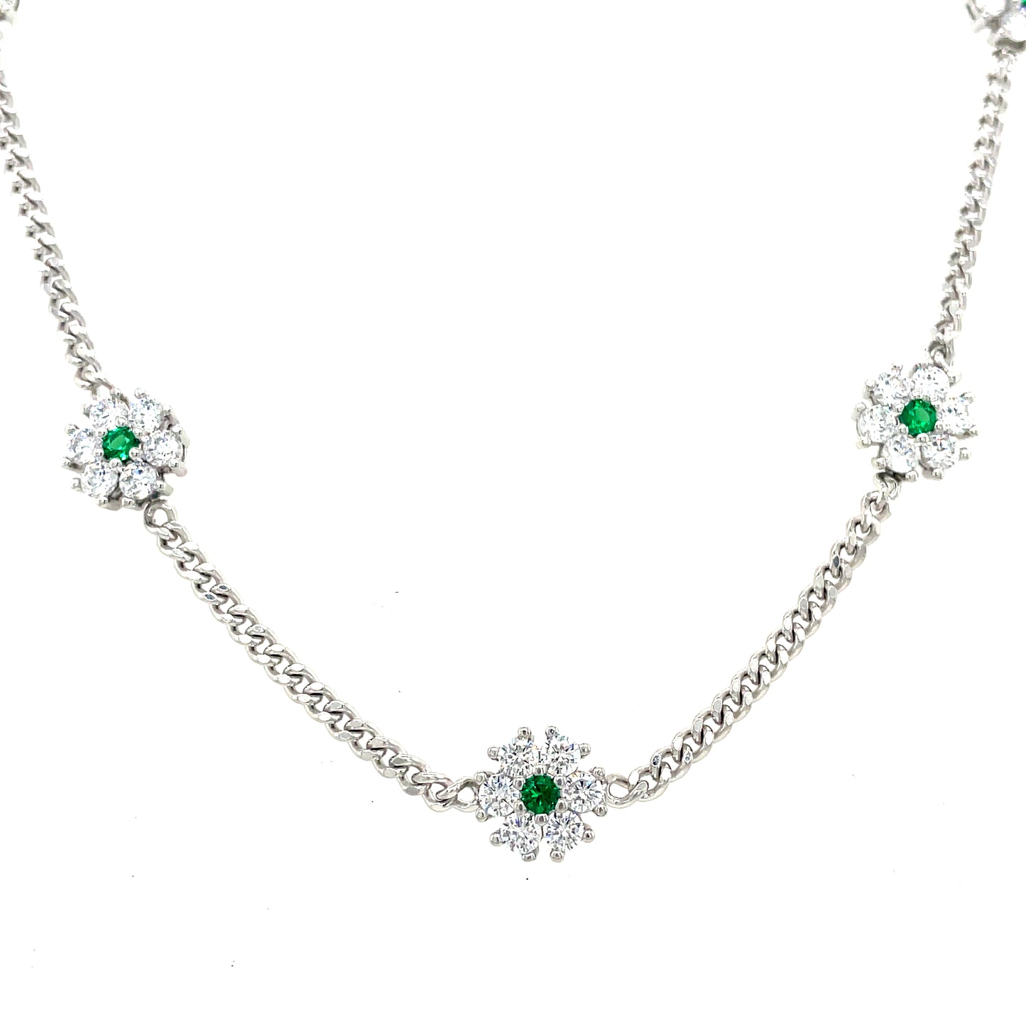 Sterling Silver Cubic Zirconia Scattered Flower Necklet With Green Centre On Curb Chain