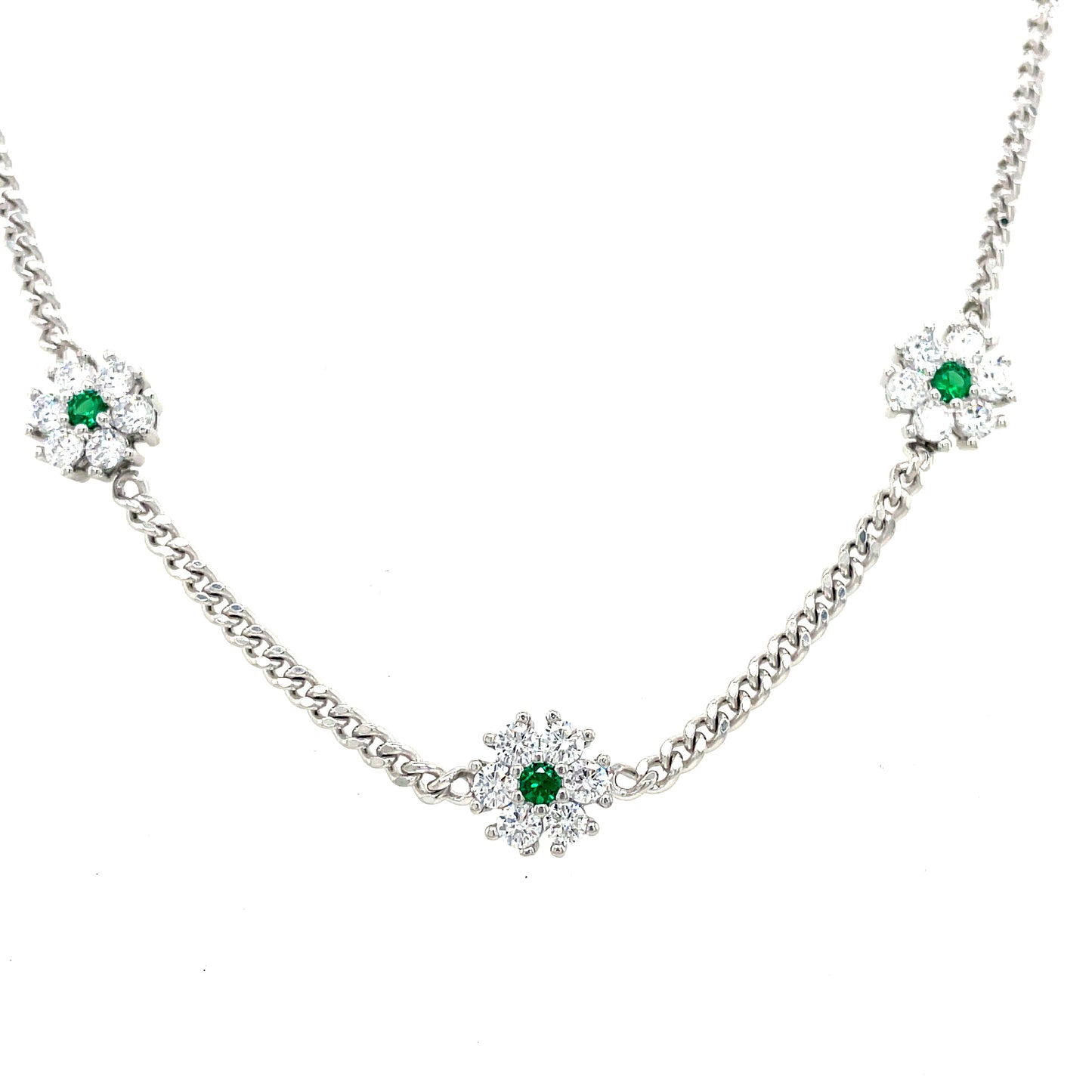 Sterling Silver Cubic Zirconia Scattered Flower Necklet With Green Centre On Curb Chain