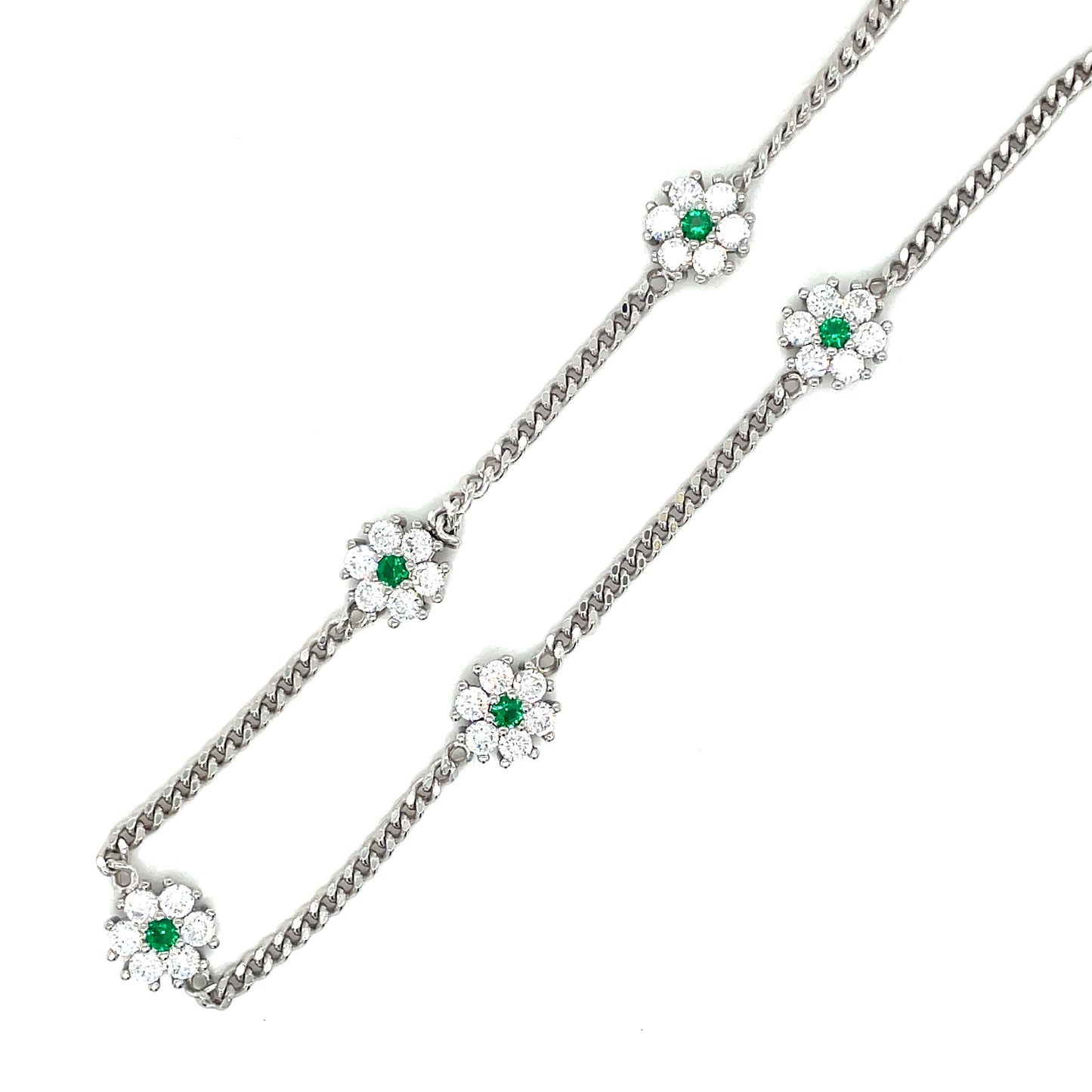 Sterling Silver Cubic Zirconia Scattered Flower Necklet With Green Centre On Curb Chain