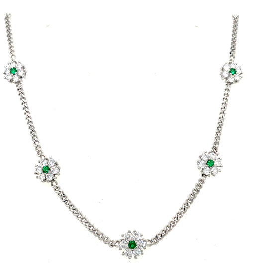 Sterling Silver Cubic Zirconia Scattered Flower Necklet With Green Centre On Curb Chain