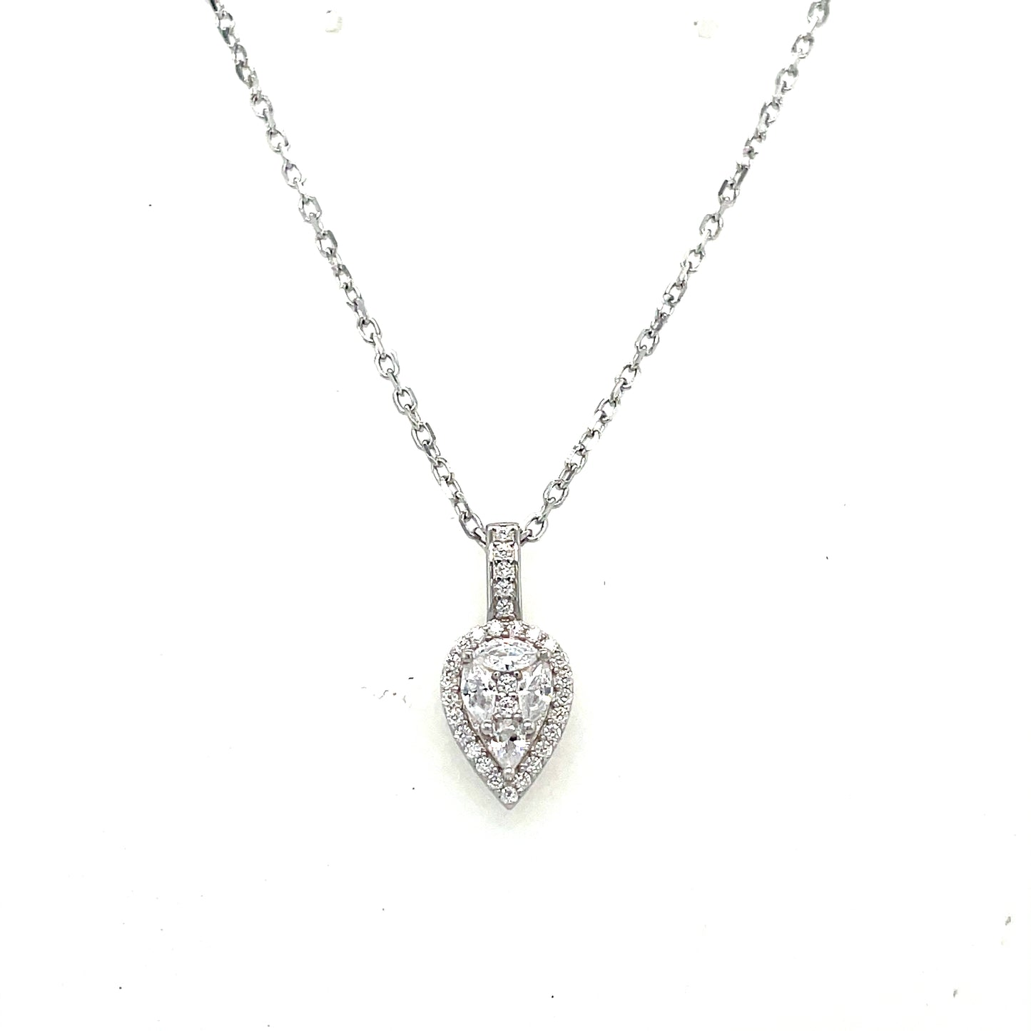 Sterling Silver Cubic Zirconia Pear Halo Necklet With Stone Set Baile