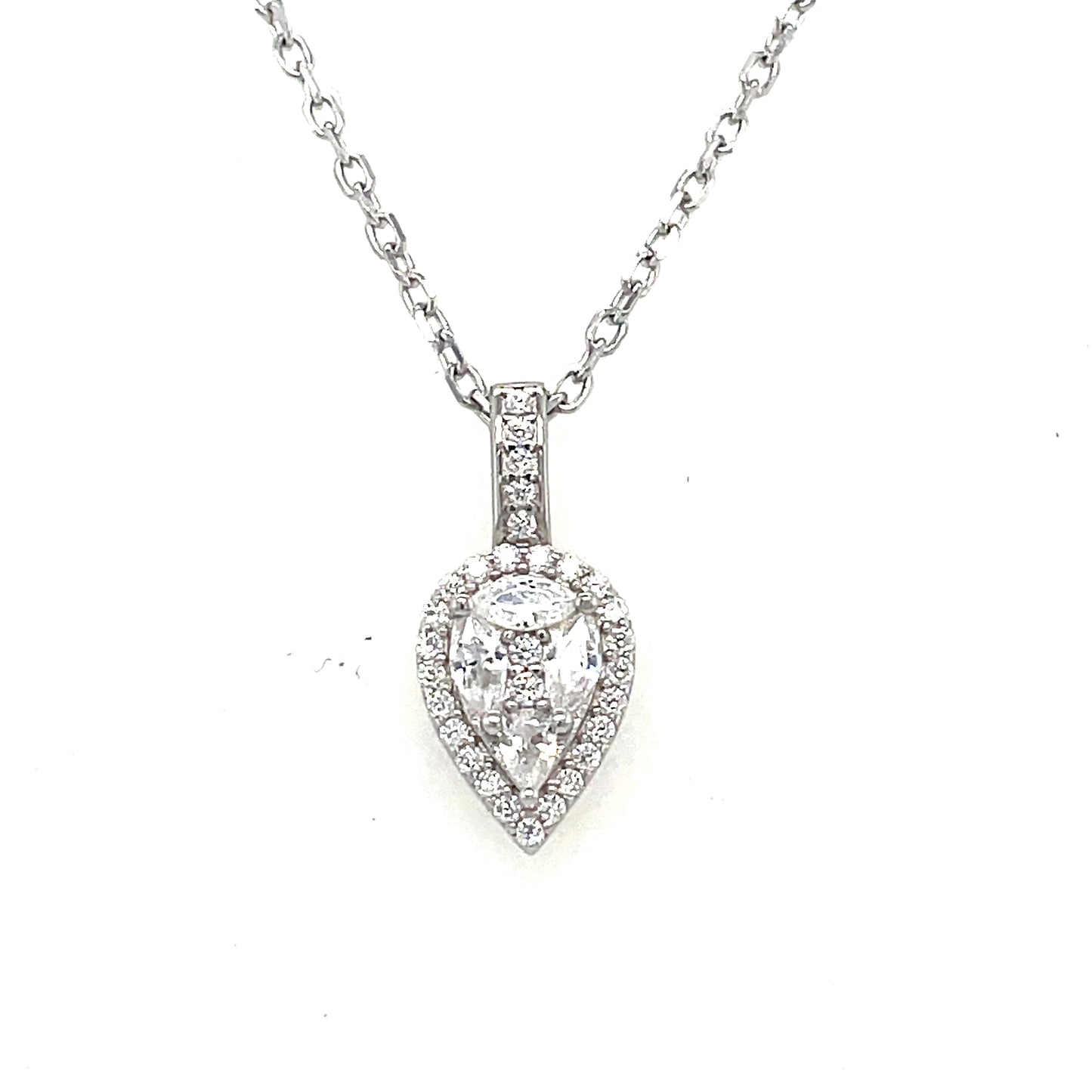 Sterling Silver Cubic Zirconia Pear Halo Necklet With Stone Set Baile